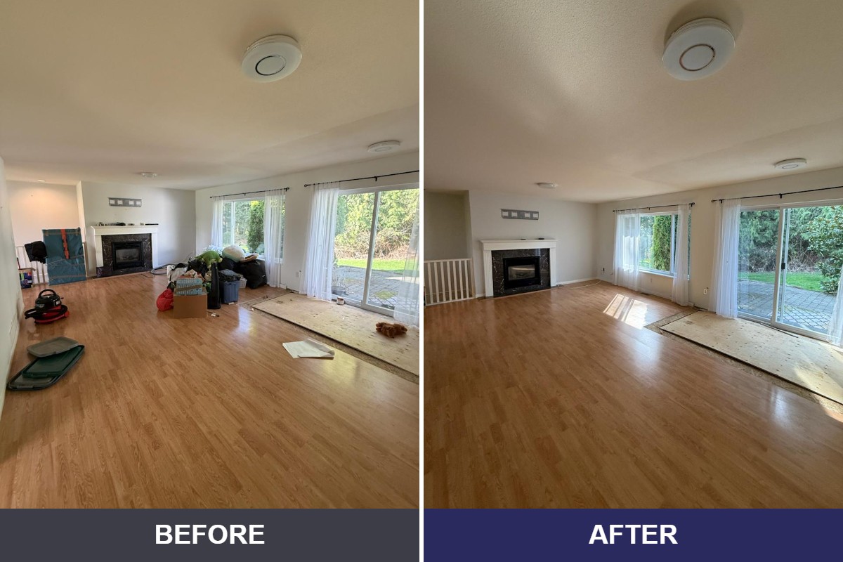 Before and after photos of a living room cleaned by Speedy Sparkle Cleaning in Vancouver BC