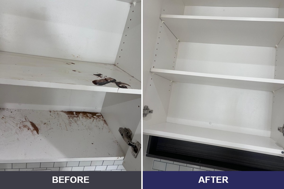 Before and after photos of a stained kitchen cabinet cleaned during a move out clean in Vancouver BC