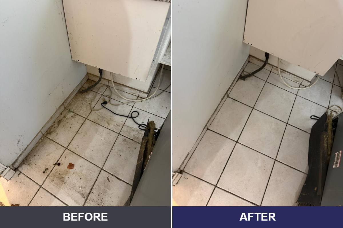 Before and after photos of a kitchen floor cleaned beside the appliances in Vancouver BC