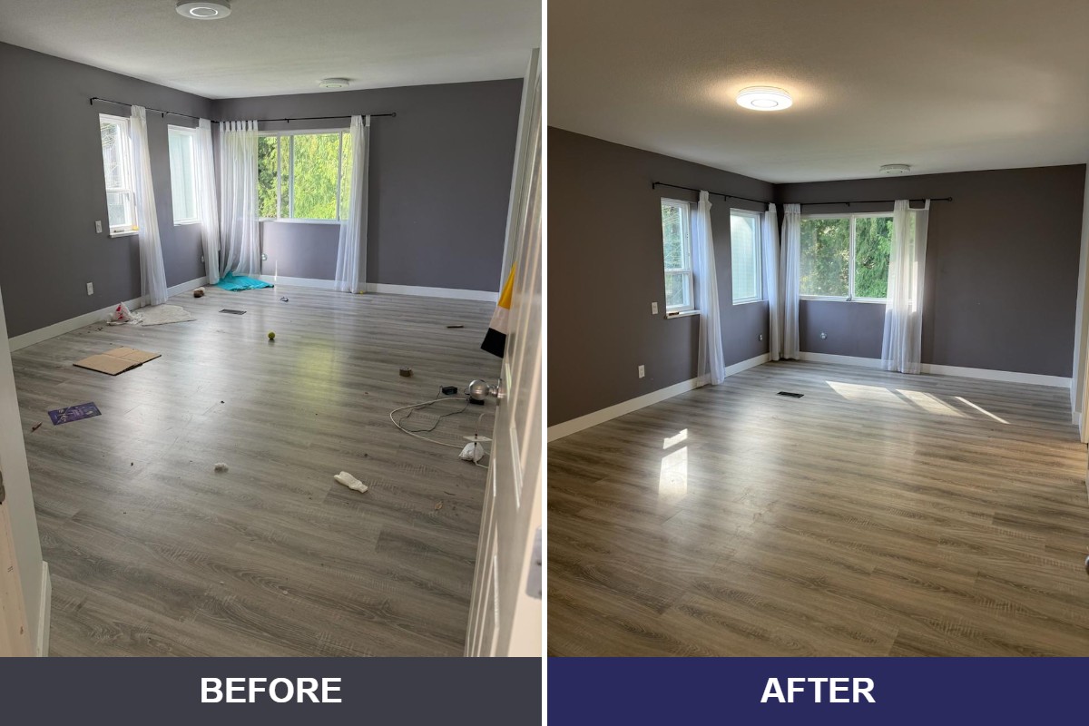 Before and after photos of a living room cleaned for move out by Speedy Sparkle Cleaning in Vancouver BC
