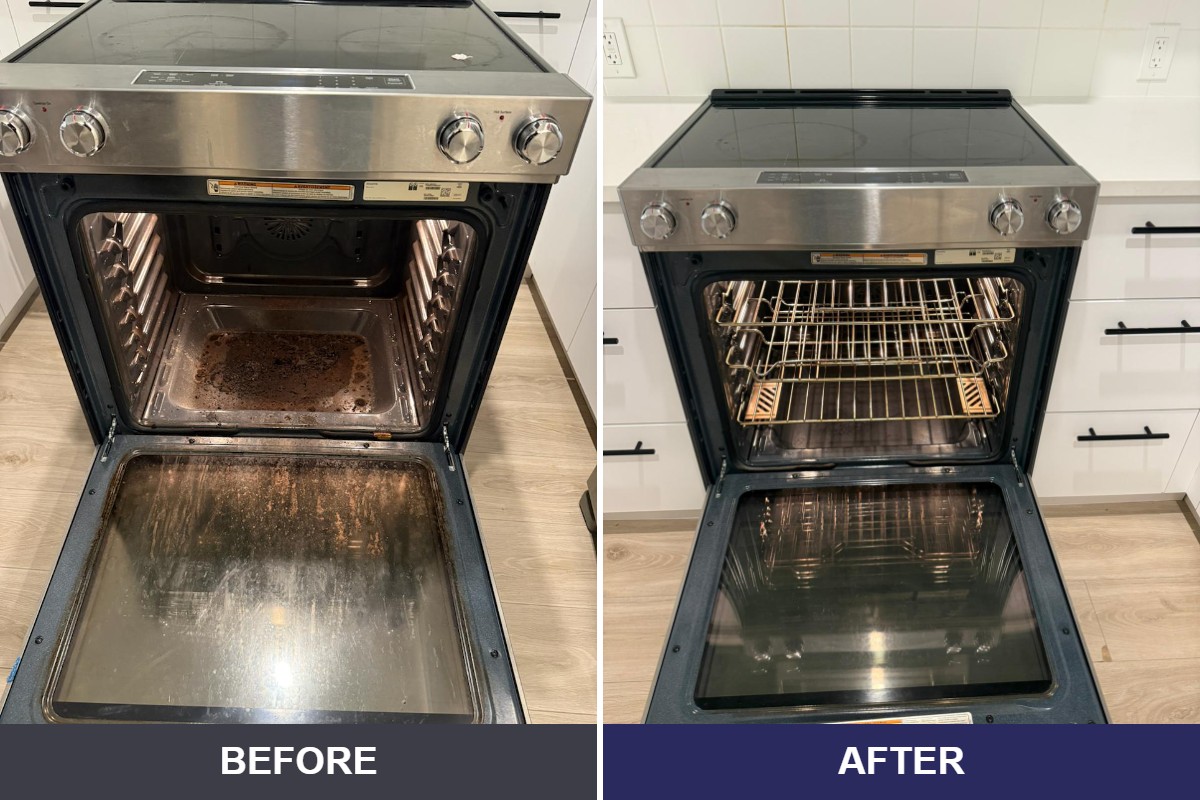 Before and after photos of an oven deep cleaned by Speedy Sparkle Cleaning in Vancouver BC