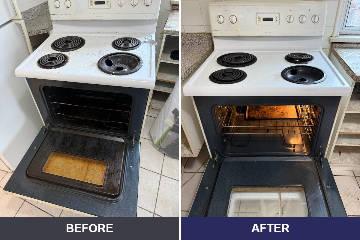 Before and after photos of a stove and oven cleaned by Speedy Sparkle Cleaning in Vancouver BC